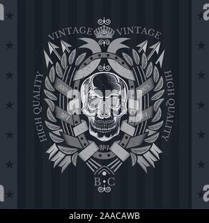Schädel Vorderansicht mit einem unterkiefer in der Mitte Ovaler Rahmen zwischen Kranz und Pfeile. Heraldische vintage Label auf der Tafel Stock Vektor