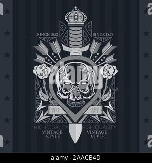 Schwert mit Totenkopf Vorderansicht ohne Unterkiefer in der Mitte zwischen Rosen und Pfeile. Heraldische vintage Label auf der Tafel Stock Vektor