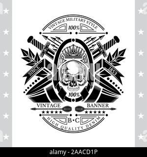 Schädel vorne in der Mitte der ovalen Rahmen mit Kreuz Pfeile und Schwerter hinter sich. Heraldische vintage Label auf weißem Stock Vektor