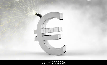 Euro Symbol mit explosiven Sicherung vor weißem Hintergrund und Rauch 3d-render Abbildung Stockfoto