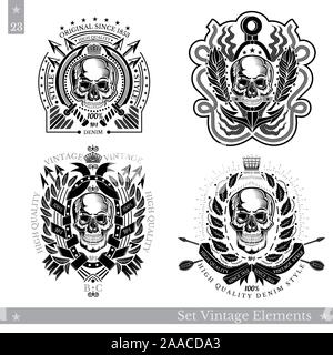 Schädel Frontansicht mit verschiedenen Muster um. Satz von Vintage Banner auf Weiß Stock Vektor