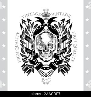 Schädel Vorderansicht mit einem unterkiefer in der Mitte Ovaler Rahmen zwischen Kranz und Pfeile. Heraldische vintage Label auf weißem Stock Vektor