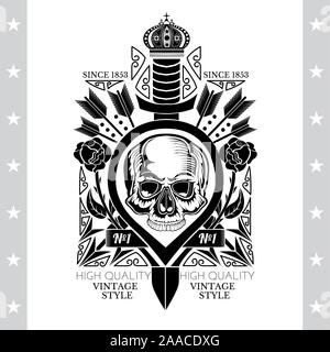 Schwert mit Totenkopf Vorderansicht ohne Unterkiefer in der Mitte zwischen Rosen und Pfeile. Heraldische vintage Label auf weißem Stock Vektor