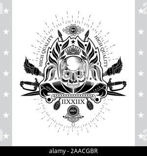 Schädel vorne in der Mitte der Runde anlage Kranz mit Kreuz Sabre, Pfeile und Fackeln. Heraldische vintage Label auf weißem Stock Vektor