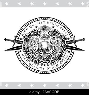 Schädel vorne in der Mitte der Kranz aus Blättern und Beeren- und Cross Swords. Heraldische vintage Label auf weißem Stock Vektor