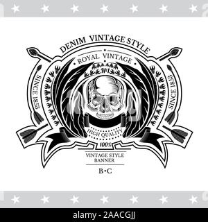 Schädel vorne in der Mitte der Kranz mit den Pfeilen. Heraldische vintage Label auf weißem Stock Vektor
