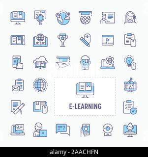 Elektronische Medien lernen & Online Training - dünne Linie Website, Anwendung und Präsentation Symbol. Einfache und minimale Vektor Icon und Illustration coll Stock Vektor