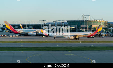 Incheon Korea, 8. Oktober 2019: Mehrere Flugzeuge von Asiana Airlines am internationalen Flughafen Incheon in Seoul, Südkorea Stockfoto