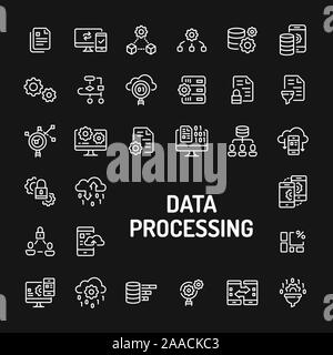 Einfache weiße Zeile für Symbole über schwarzen Hintergrund zu Daten Verarbeitung, Bearbeitung, Umwandlung und Filtration im Zusammenhang isoliert. Vektor Zeichen und Symbole c Stock Vektor