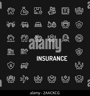 Einfache weiße Zeile für Symbole über schwarzen Hintergrund zu Business & persönliche Versicherung ergänzende isoliert. Vektor Zeichen und Symbole Sammlungen für Website und Stock Vektor