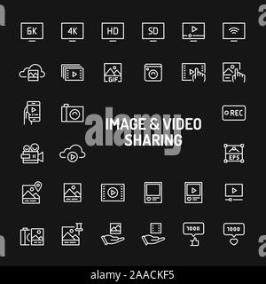 Einfache weiße Zeile für Symbole über schwarzen Hintergrund zu Video & Image Sharing im Zusammenhang isoliert. Vektor Zeichen und Symbole Sammlungen für Website und Design t Stock Vektor