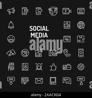 Einfache weiße Zeile für Symbole auf schwarzem Hintergrund, Social Media, Interaktion, Sharing & Exchange isoliert. Vektor Zeichen und Symbole Sammlungen Stock Vektor