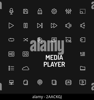 Einfache weiße Linie auf schwarzen Hintergrund für Media Player app isoliert. Vektor Zeichen und Symbole Sammlungen für Website und Design app Vorlage Stock Vektor