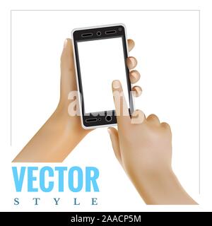 Realistische hand Handy und auf dem Bildschirm mit dem Finger berühren Stock Vektor