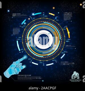 Platz blauer Hintergrund oder Hightech futuristische Interface mit Roboter Hand handpointer HUD und GUI Stock Vektor