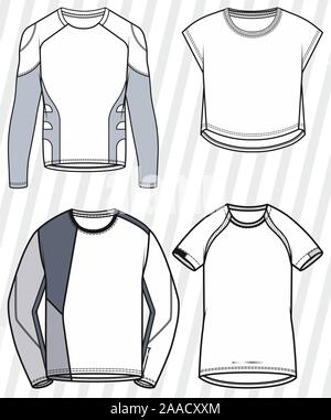 Sportbekleidung Vektor einrichten. Bekleidung vorlagen, Textil mockup Abbildung. T-Shirt, Hosen, Shorts. Stock Vektor
