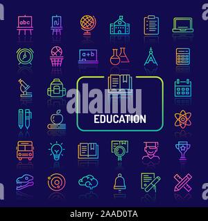 Einfache gradient farbige Symbole isoliert auf dunklem Hintergrund zu Schreibwaren, Bildung und Schule Aktivitäten. Vektor Zeichen und Symbole Sammlungen Stock Vektor