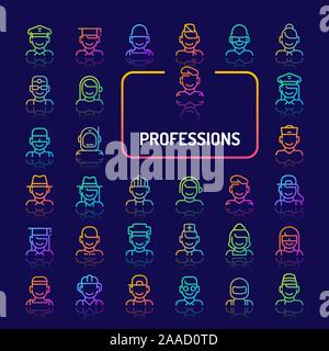 Einfache gradient farbige Symbole isoliert auf dunklem Hintergrund zu Berufe, Berufe und Beschäftigungen. Vektor Zeichen und Symbole Sammlungen für Stock Vektor