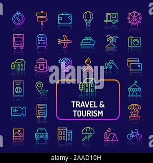 Einfache gradient farbige Symbole isoliert über dunklen Hintergrund im Zusammenhang mit Reisen, Tourismus, Urlaub und Erholung. Vektor Zeichen und Symbole Sammlungen fo Stock Vektor