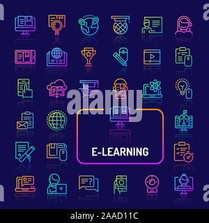 Einfache gradient farbige Symbole isoliert über dunklen Hintergrund zu den elektronischen Medien lernen & Online Training. Vektor Zeichen und Symbole Sammlungen Stock Vektor