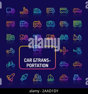 Einfache gradient farbige Symbole isoliert auf dunklem Hintergrund zu Autos, Transport & Verkehr. Vektor Zeichen und Symbole Sammlungen für Website und app.. Stock Vektor