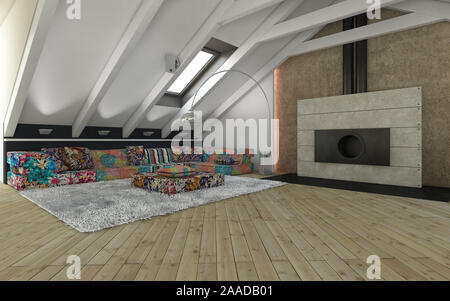 Loft mit schwarzen Kamin und Sofa Stockfoto