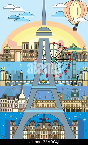 Poster mit Pariser Skyline line Art Stil. Bunte isoliert Vector Illustration. Vektor silhouette Abbildung: Wahrzeichen von Paris, Frankreich. Paris ve Stock Vektor