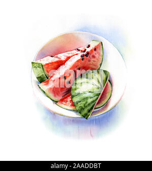 Wassermelone auf dem Teller. Handgemalten Aquarell essen Abbildung. Realistische frischen Reifen Sommer Obst auf Weiß, Werbung isoliert, Banner Stockfoto