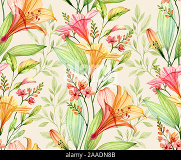 Nahtlose tropische Muster auf beigem Hintergrund. Aquarell transparente Lily, freesie, Hibiskus Blüten und Blätter. Bunte Botanische Illustration für Stockfoto