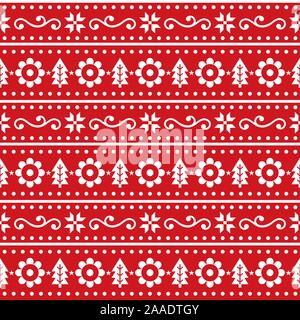 Skandinavische Weihnachten folk nahtlose Vektor Muster, sich wiederholende Winter cute Nordic Design mit Weihnachtsbäumen, Schneeflocken und Blumen Stock Vektor