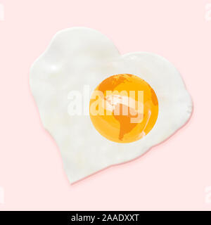 Planeten als ein Spiegelei auf rosa Hintergrund. Copyspace. Modernes Design. Zeitgenössische bunt und konzeptionelle helle Kunst Collage. Die globale Erwärmung, Umwelt- und Eco Saving, Kunststoff Verschmutzung Konzept. Stockfoto