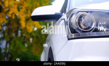 Auto Vorderansicht close-up auf dem Hintergrund einer Park Alley. Scheinwerfer Glas. Hintergrund Design. Detail der modernen Auto Scheinwerfer Stockfoto