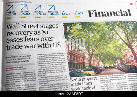 "Wall Street Phasen Recovery als Xi erleichtert die Befürchtungen über den Krieg mit uns' Zeitung Artikel im Guardian Finanzteil 11 April 2018 LONDON, GROSSBRITANNIEN Stockfoto