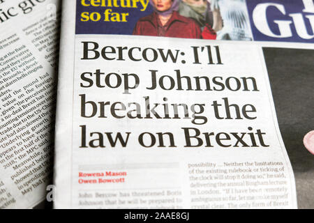 "Bercow: ich werde aufhören Johnson das Gesetz bricht auf Brexit 'Front Seite Zeitung Schlagzeile in der Tageszeitung The Guardian Papier am 12. September 2019 London England Großbritannien Stockfoto