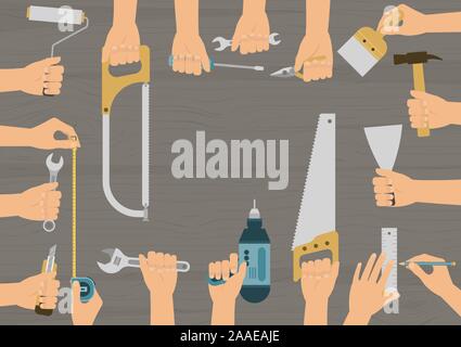 Realistische Hände halten mehrere Bau-, Reparatur- und DIY-hand Tools auf Holz Tisch Hintergrund Stock Vektor