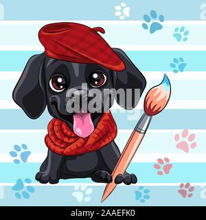 Vektor niedlichen kleinen schwarzen Welpen Labrador Retriever Hund artist mit Bürste Stock Vektor