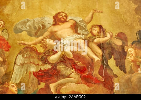 Malerei Jesu Christi Himmelfahrt, an der Decke der Kapelle am Trinity College der Universität Oxford, England. Stockfoto