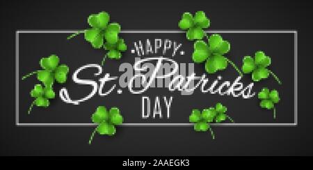 Saint Patricks Day Banner. Grünen Klee und stilvollen Schriftzug in Rahmen auf einem schwarzen Hintergrund. Urlaub abdecken. Vector Illustration. EPS 10. Stock Vektor
