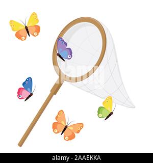 Butterfly net und bunte Schmetterlinge. Classic Netz design, Holzgriff. Vector Illustration auf weißem Hintergrund. Stock Vektor