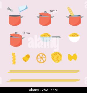 Nudeln kochen Richtungen, Anleitung. Schritte wie Pasta vorzubereiten. Stock Vektor