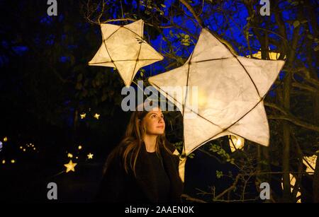 Haywards Heath UK 21. November 2019 - Besucher genießen den Wakehurst Glow Wilde Laterne Trail Weihnachtsveranstaltung in der Nähe von Haywards Heath in Sussex an diesem Abend.dieser Winter Wakehurst, Kews wilder botanischer Garten, wird mit seinem berühmten Winter Glow Wilde Laterne Trail lebendig. Die Landschaft wird von Hunderten glühender Laternen, Feuerfackeln, Soundscapes und Projektionen sowie dem höchsten lebenden Weihnachtsbaum Großbritanniens, der mit 1900 Lichtern geschmückt ist, verwandelt. : Credit Simon Dack / Alamy Live News Stockfoto