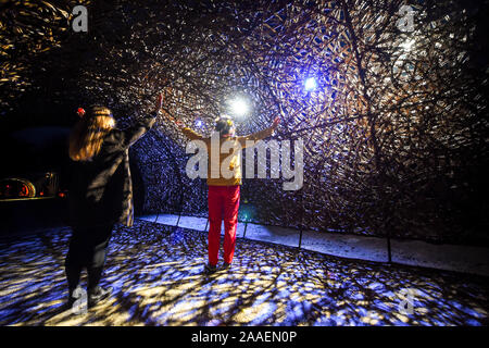 Haywards Heath UK November 2019 21 - Besucher der Willow Tunnel Wakehurst Glow Wild Laterne trail Weihnachtsfeier in der Nähe von Haywards Heath genießen in Sussex an diesem Abend. In diesem Winter Wakehurst, die Kew wilden botanischen Garten, lebendig kommt mit seinem berühmten Winter leuchten Wilde Laterne Trail. Die Landschaft ist durch Hunderte von leuchtenden Laternen, Fackeln, Klangwelten und Projektionen C sowie der britischen höchste lebende Weihnachtsbaum, mit 1900 Lichtern geschmückt verwandelt. : Credit Simon Dack/Alamy leben Nachrichten Stockfoto