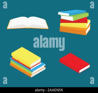 Buchen Sie Symbol gesetzt. Geöffnet, Geschlossen, Buch, Bücher und Stapel Stapel Bücher. Stock Vektor