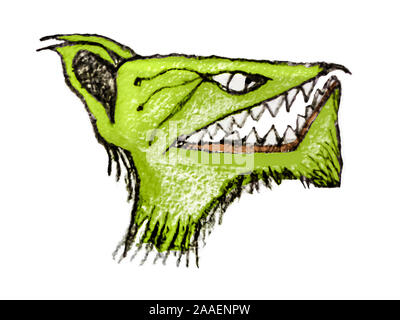 Seitenansicht portrait Werwolf Kopf Bleistift farbige Zeichnung Abbildung auf weißem Hintergrund Stockfoto