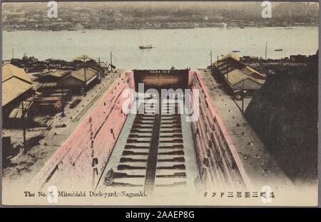 Illustrierte Postkarte von Dock Nr. 3 im Mitsubishi Werft, mit Blick auf den Hafen, Nagasaki, Japan, 1912. Von der New York Public Library. () Stockfoto