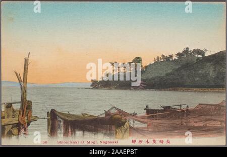 Illustrierte Postkarte einer Landschaft Blick auf Shiomisaki Point und den Hafen von Mogi, Nagasaki, Japan, 1909. Von der New York Public Library. () Stockfoto