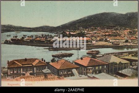 Illustrierte Postkarte von einem stadtbild Blick auf Dejima, eine künstliche Insel in der Bucht von Nagasaki, Japan, 1905. Von der New York Public Library. () Stockfoto