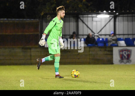 Supermarine FC vs Cinderford Fc Saison 2019/2020 UK. Torwart Jordanien Dibble spielen für Cindeford FC bei Swindon supermarine in der Liga Cup Stockfoto