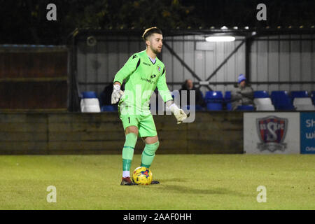 Supermarine FC vs Cinderford Fc Saison 2019/2020 UK. Torwart Jordanien Dibble spielen für Cindeford FC bei Swindon supermarine in der Liga Cup Stockfoto