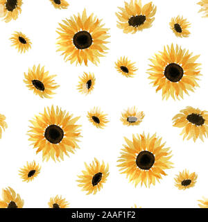 Satz von Sonnenblumen auf weißem Hintergrund, nahtlose Muster wiederholen mit Aquarell sonnenblume Kopf Stockfoto